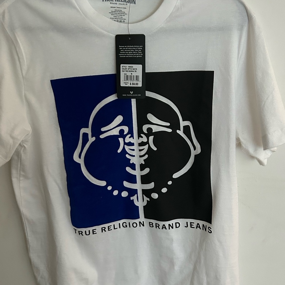 True Religion White and Blue Short Sleeve Tee